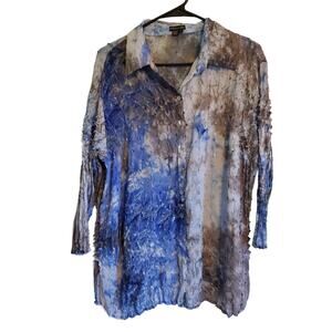 Vintage Y2K Blue Tie Dye 3/4 Sleeve Button Front Blouse Top Blue Grunge